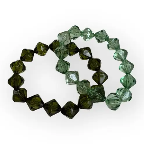 Vintage Pair of Two Green Faceted Bead Stretch Bracelets