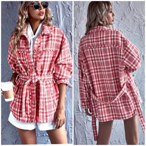 ZARA  Tweed Houndstooth Belted Pink/White Plaid Boucle Jacket‎ Size XS