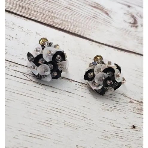 Vintage Screw Back Earrings Black & White Sequin Cluster Just Over 0.5"