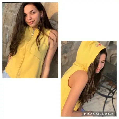 Oleg Cassini Yellow Sleeveless Zip Up Hoodie Floral Embroidery Jr. Med