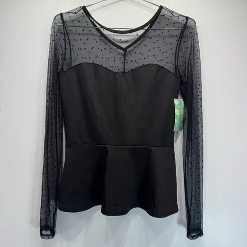 Rock Steady Black Sheer Polka Dot Lace Sweetheart Bodice Rockabilly Peplum Top Size M