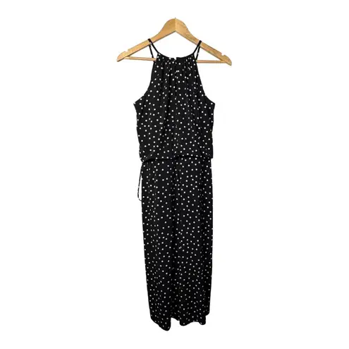 London Times Black White Polka Dot Halter Jumpsuit Keyhole Dressy Size 4