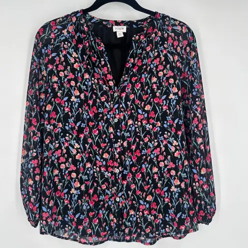 J. Crew Women's Floral LS Button Up Blouse Size XS Black & Red V Neck Feminine