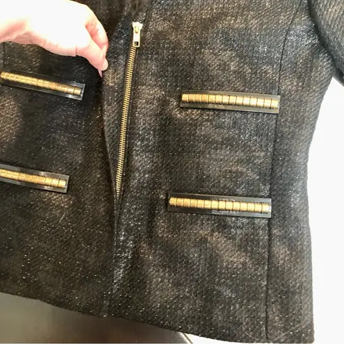 By Malene Birger Tweed Blazer Black Jacket Chic Metallic Gold Flecks Zip Front 8