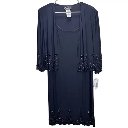 Alex Evenings NWT Black Beaded Scalloped Two Piece Midi Stretch Dress Size 16