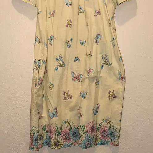 Vintage Pastel Yellow Floral and Butterfly Dress Size M