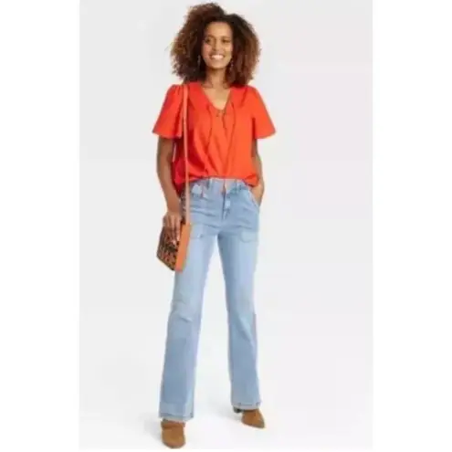 Knox Rose  Women's Orange Red‎ Short Sleeve Lace Up Top Cotton Women’s Size Large