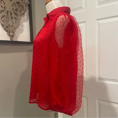 Red Sheer Polka Dot Women's Button DownnTop Christmas Holiday Party Office Size L