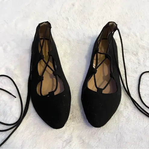 Charles Albert Solid Black Lace Up Almond Toe Flats Size 6