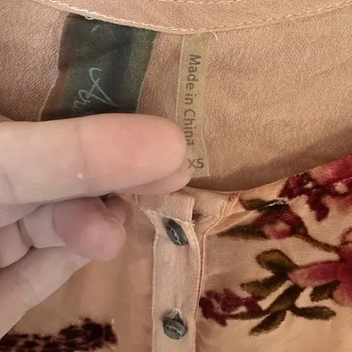 Aratta Silent Journey Velvet Burnout Floral Button Up Shirt Tunic XS Artsy Boho Pink