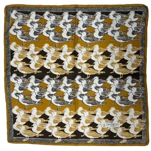 Givenchy VTG Mob Wife Silk Scarf France Brown Gold Bird Gull Design 30" Square