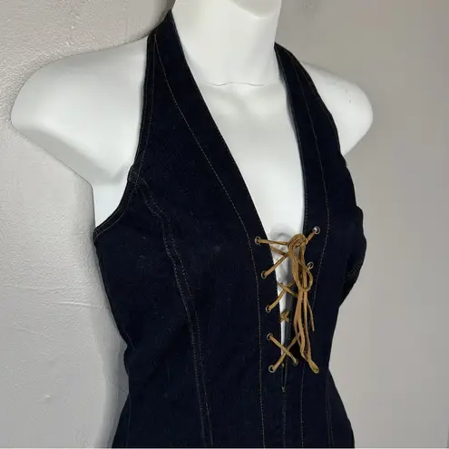 Cello  Authentic Jeans USA Vintage Halter Lace Up Flare Denim Jumpsuit