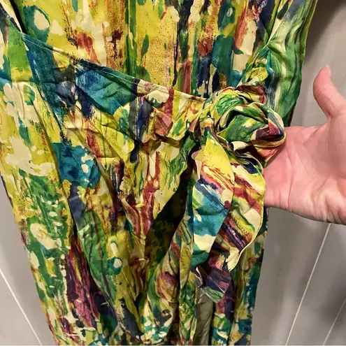 Handmade Vintage watercolor paint splatter maxi faux wrap dress tie front