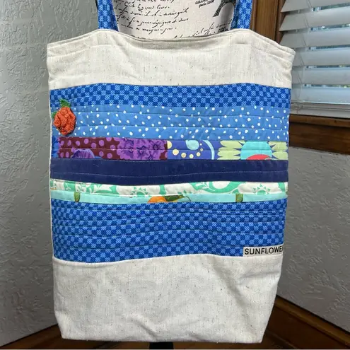 Boho Quilted And Stitched Canvas Art Deco Tote Bag Blue