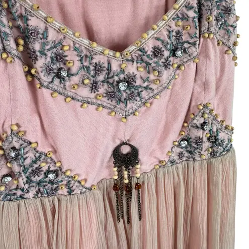 Saint Tropez Silk Pink Beaded Adjustable Strap Boho Beachy Tank Blouse Size S