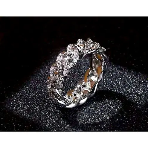 Boutique 8mm Iced White Gold‎ Plated Sterling Cuban Chain Ring, Adjustable