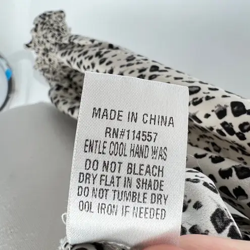 THML Brush Animal Print Smocked Ruffle Blouse Ivory Black Size Medium