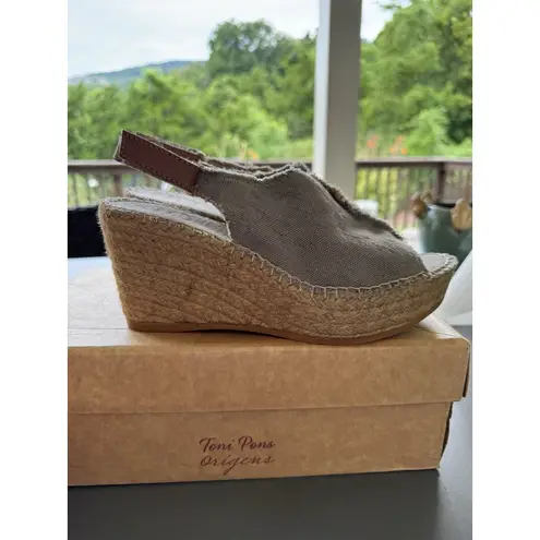 TONI PONS Women's 'Lugano' Espadrille Wedge Sandal Size 38 US 7.5 Canvas Raffia Gray