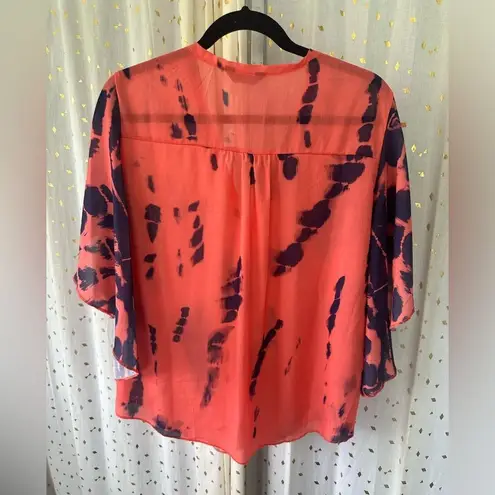 Chic Me Sheer Orange Tie Dye Waterfall Sleeve Bohemian V Neck Button Down Blouse