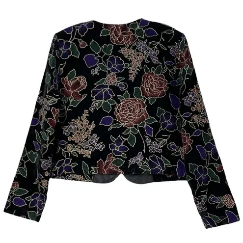 Vintage Black Gold Metallic Velvet Colorful Floral Evening Blazer Size SMALL