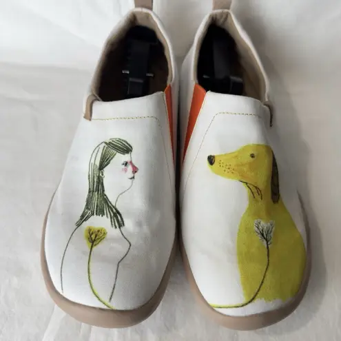 UIN Womens Slip On Sneakers Travel Shoes Casual Loafers Yellow Dog Size 8 White