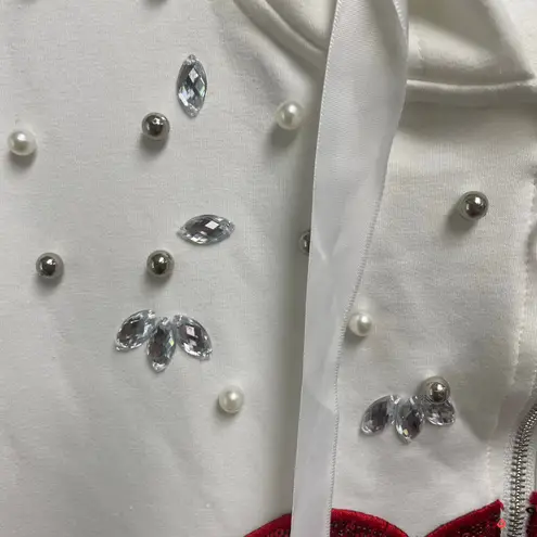 Rhinestone Pearl Full Zip Hoodie Red Glitter Lips Y2K Bling Streetwear Large White
