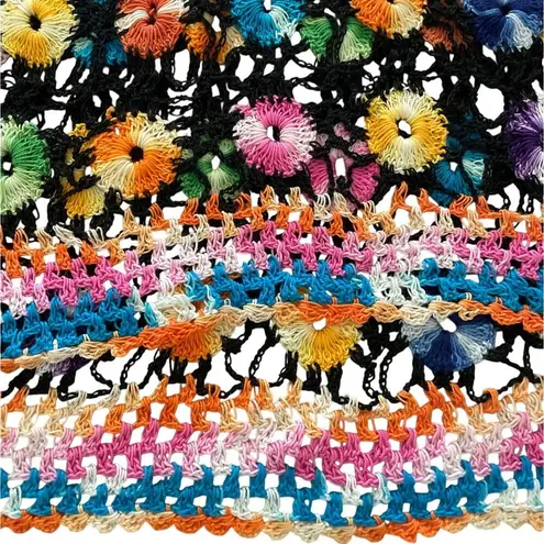 Handmade Black Crochet Multicolor Flower Tunic Swim Cover Top Small
