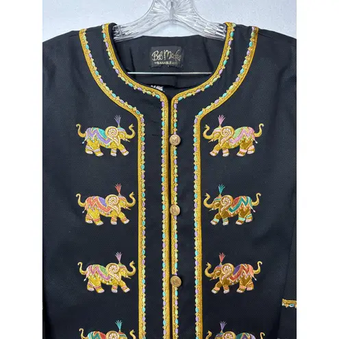 Bob Mackie wearable art black coat embroidered Elephants gold logo buttons large
