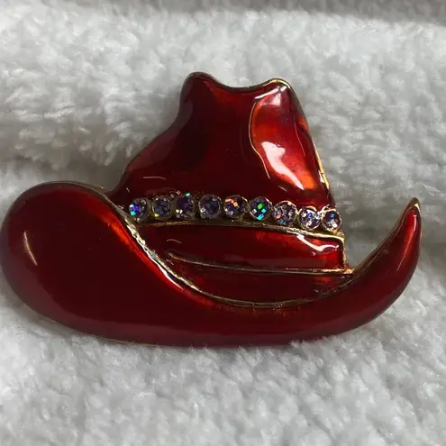 Cowgirl Cowboy Hat Red Enamel Painted Rodeo Rhinestone Pin Brooch Horse Show