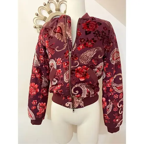 KAS New York Burgundy Velvet Paisley Ashlyn Burnout Bomber Jacket Size XS Purple