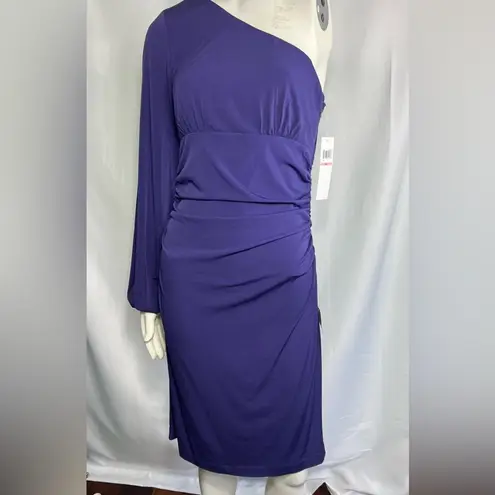 Maggy London Midi Fitted Ruched One Shoulder Purple Dress 10