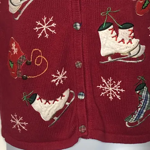 Vintage Ice Skating Christmas Sweater Small Y2K Holiday Cardigan Basic Editions Red
