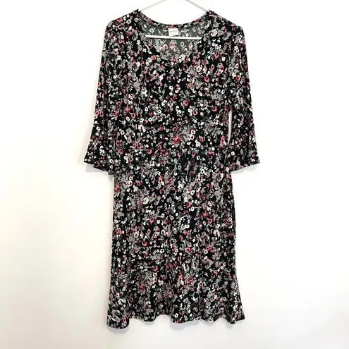 Kaileigh Gretta Greta Knit Dress Dark Green Pink Floral 3/4 Sleeve Bell Sleeve L