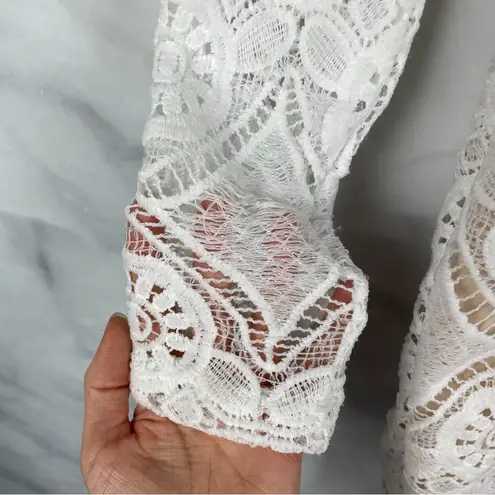 Missguided Lace Plunge V Neck Long Sheer Sleeve Bodycon Mini Dress White Boho 0