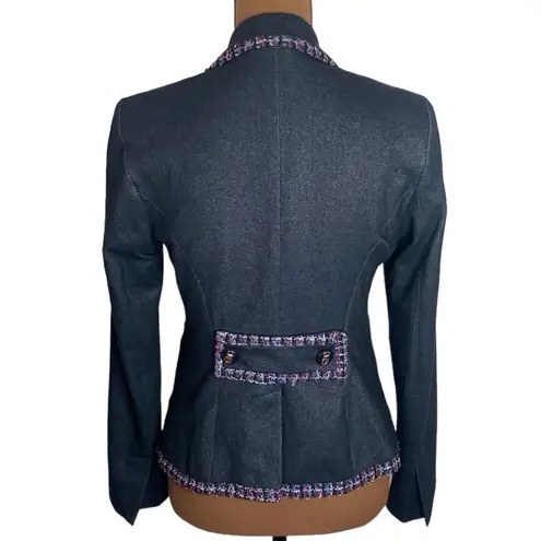 7th Avenue New York & Co denim like tweed ribbon trimmed tailored blazer size S Blue