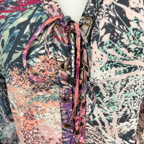 LA Made New Botanical Print Lace Up 3/4 Sleeve Tunic Mini Dress