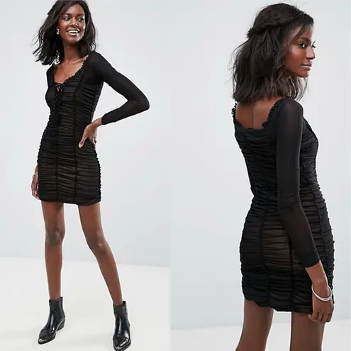 Majorelle Jardin Darling Ruched Dress in Black Lace Up Front Bodycon Size Large