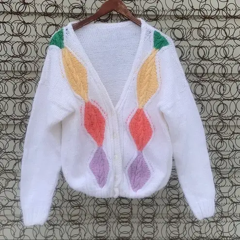 Vintage pastel knit argyle granny cardigan sweater White Size L
