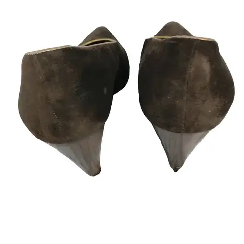 PETRA Brown Pumps Suede Gold Leather Trim Cone Heels Almond Toe Italy Size 7.5M