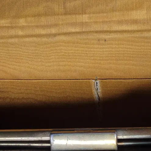 Antique Tooled Leather Clutch Handbag Brown Gold Taffeta Kiss Lock Handle Purse