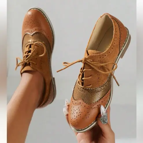 Ladies High Quality Boyfriend, Flat Platform Lace Up Dress Casual Ladies Shoe Tan Size 8.5