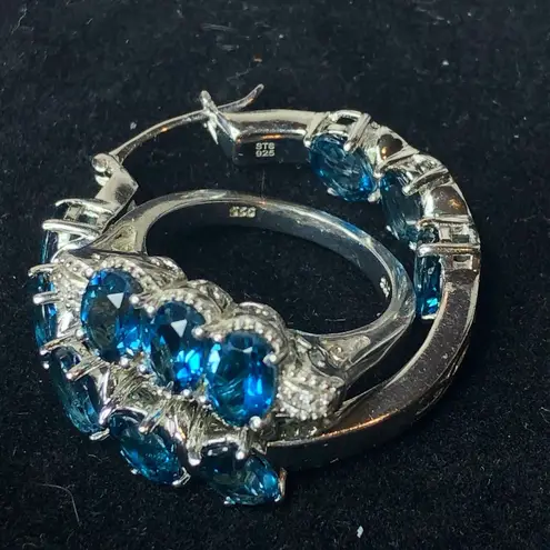 Blue Spinel Hoop Earrings & Ring Set Sz 8 Electroplated Rhodium Sterling Silver