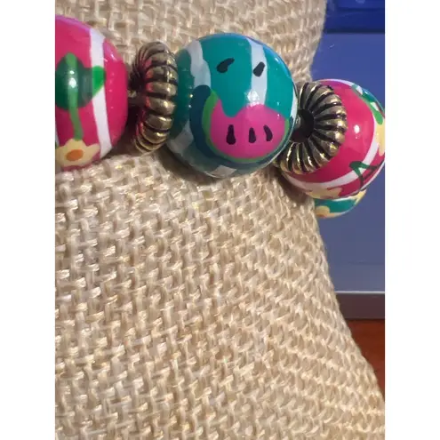 Angela Moore Stretch Beaded Bracelet Colorful Watermelon Flowers Stripes 5.75" Pink