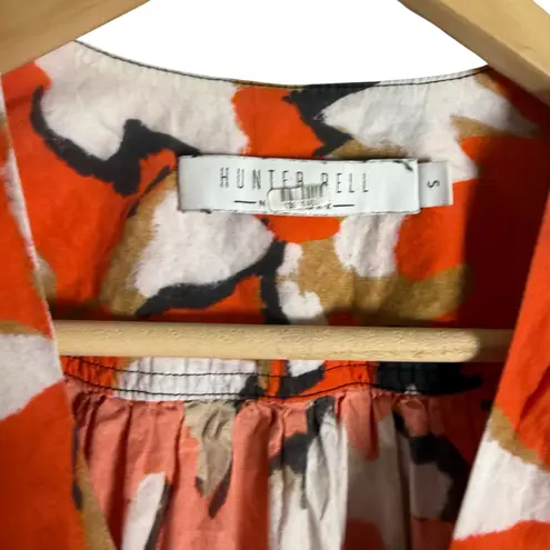 Hunter Bell Olive Orange Floral Print Puff Sleeve Tie Front Cropped Top Size S