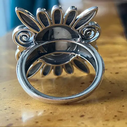 White Buffalo Turquoise Sterling Silver Feather Ring Size 8 Black
