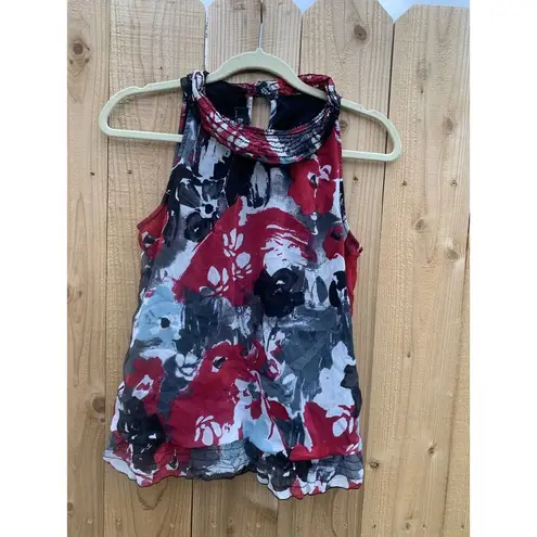 Byer California A Byer Print Sleeveless Top Size Medium Black Grey Red Artsy High Neckline