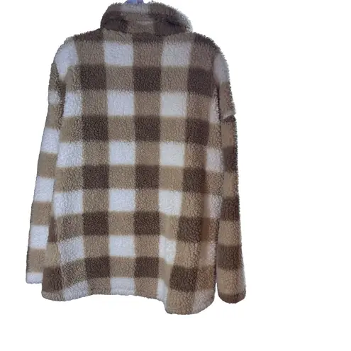 Dip Sherpa Fleece Plaid Pullover Tan & White Checkered Teddy Size 2XL 1/2 Zip Brown