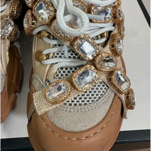 Gucci  Flashtrek Leather Mesh Removeable Crystal Sneakers Beige EU 35 5