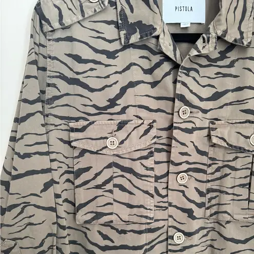 Pistola Tiger Utility Shirt Jacket Medium Animal Print Frayed Hem Anthropologie