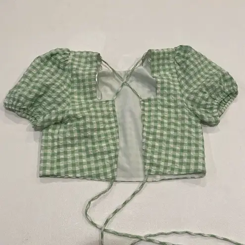 Bershka Green Gingham Puff Sleeve Crop Top M | Cottagecore Tie Back Blouse